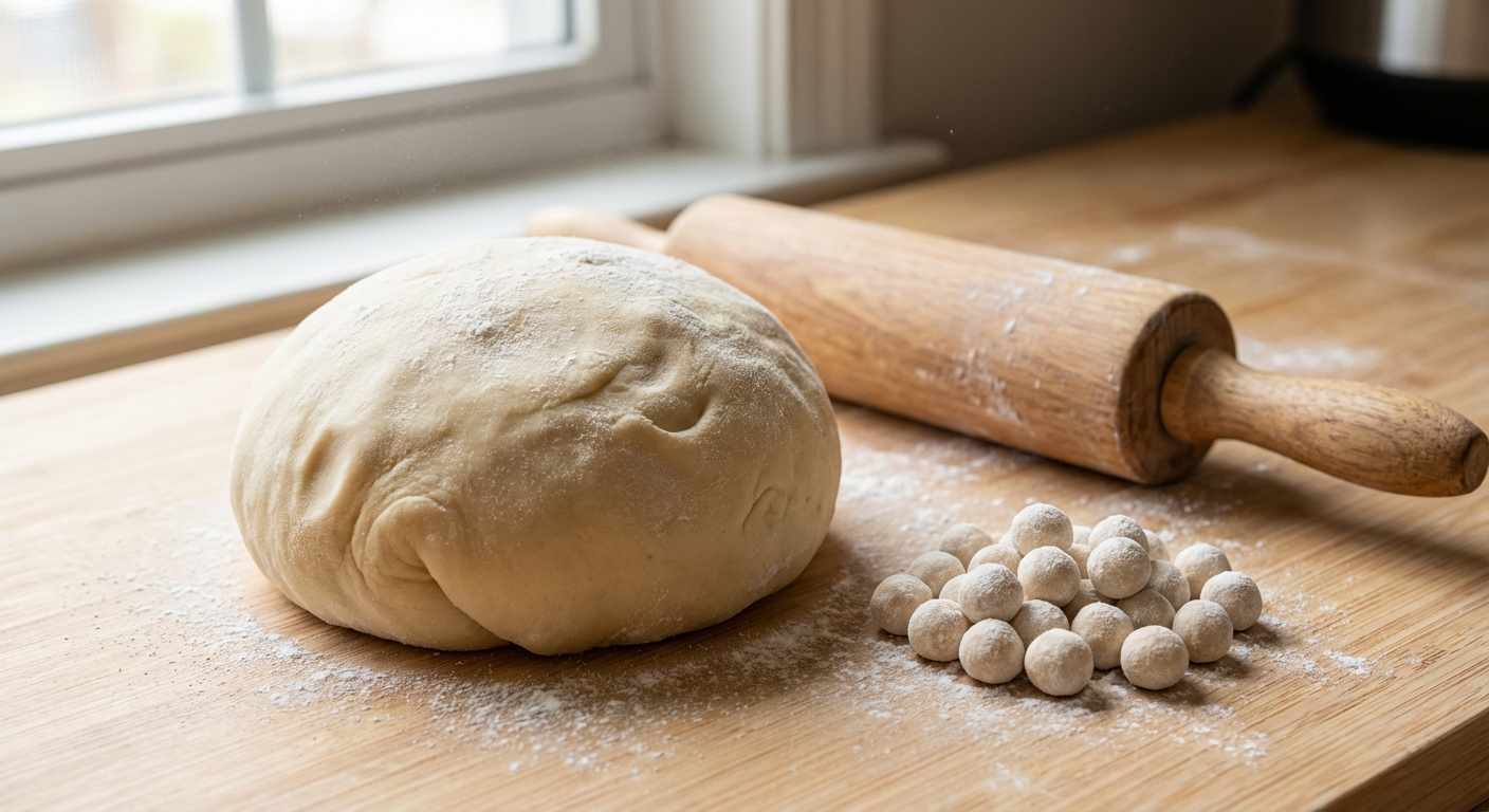Artisanal boba-making process showing a rolling pin, handcrafted dough, and raw pearls on a sunlit counter