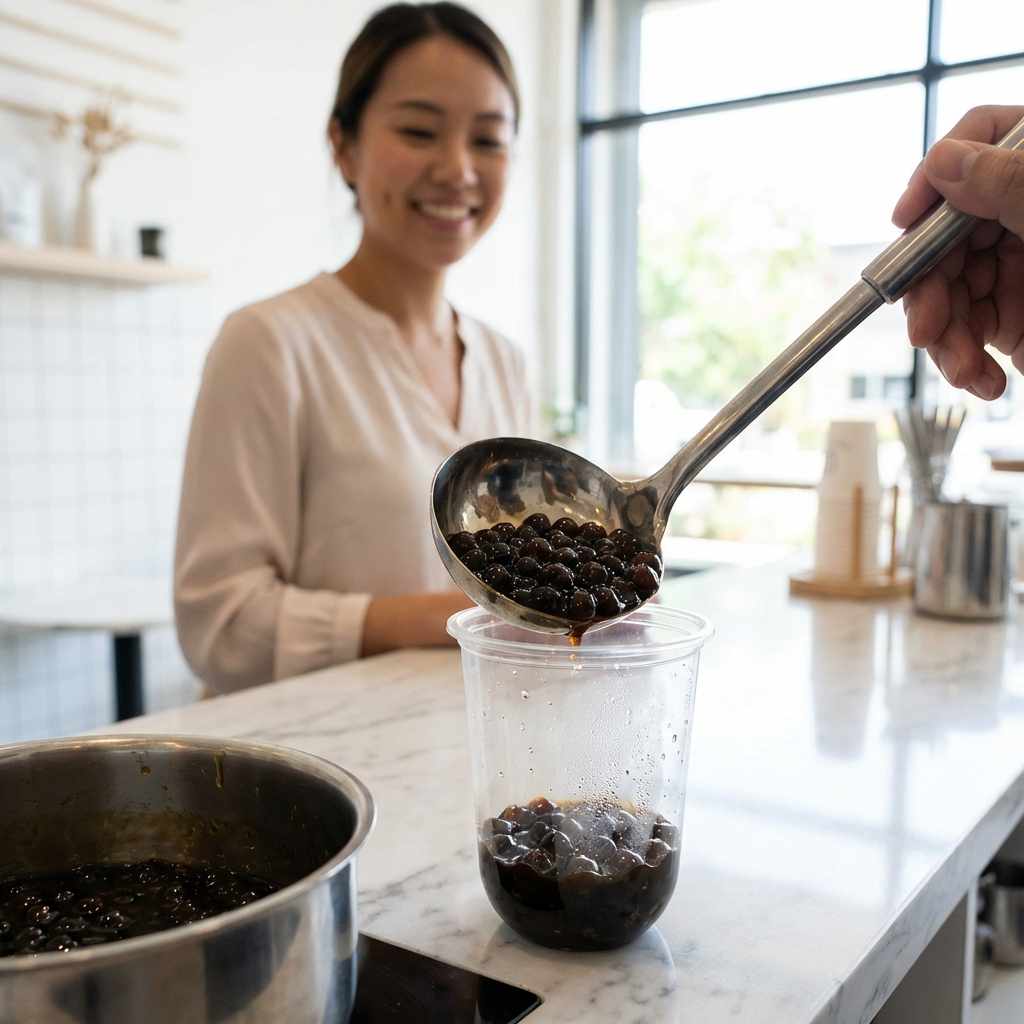 A close-up of a fresh scoop of rich brown sugar boba being added to an empty clear plastic cup