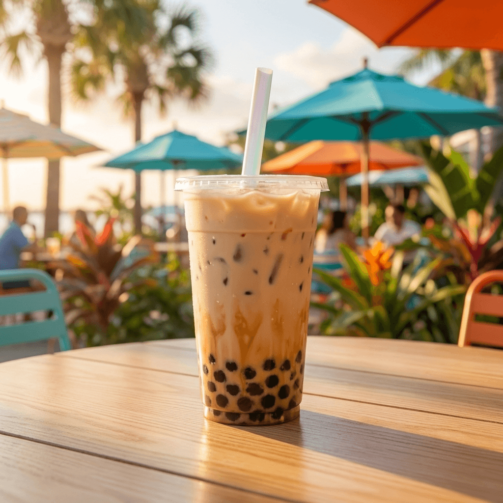 A close-up of a freshly crafted Brown Sugar Boba Latte with handmade brown sugar boba, resting on the sunlit front counter in a vibrant cafe setting