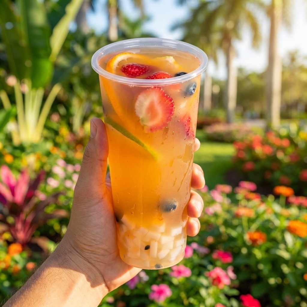 Fresh Fruit Tea held in front of a vibrant shop background