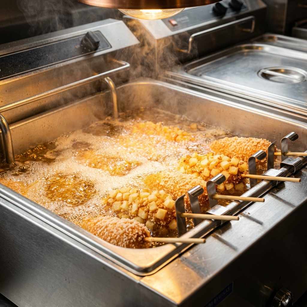 Korean corn dog frying in a deep fryer