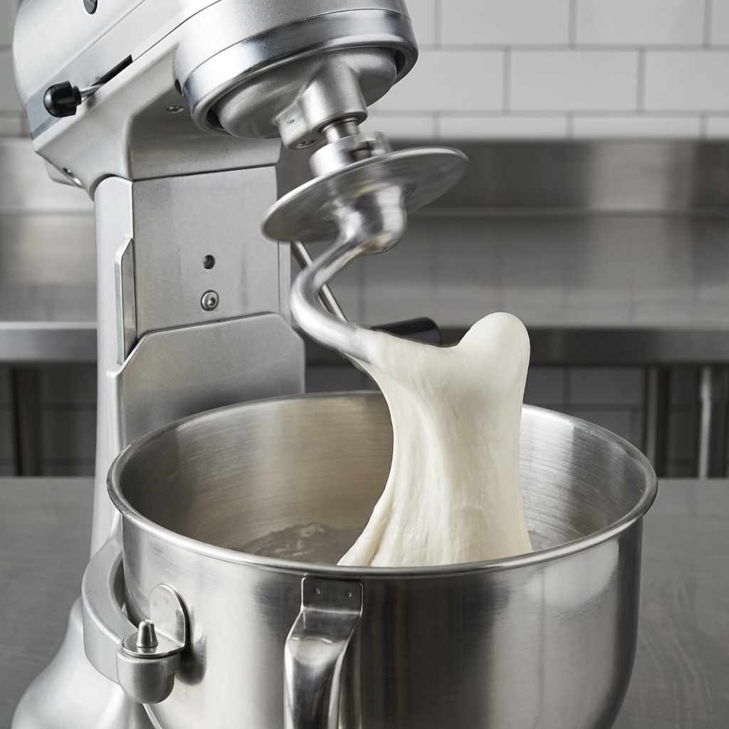 Korean corn dog dough being mixed in a stand mixer