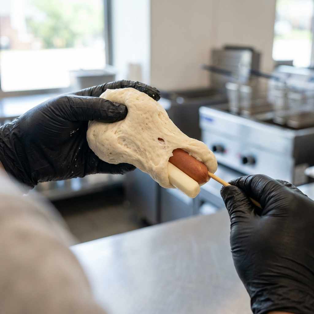 Hand-stretching organic dough around a skewered hot dog in a professional kitchen