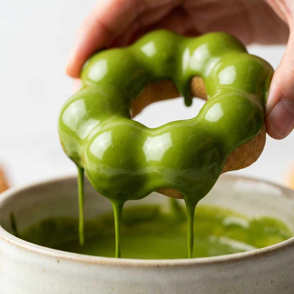 Hand-coated mochi donuts with colorful glazes in various flavors like Matcha and Chocolate.