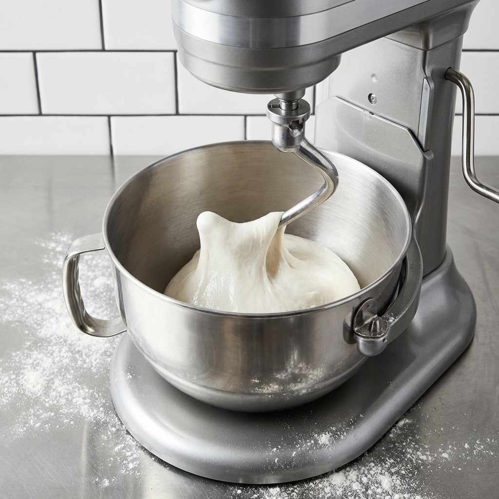 Freshly prepared mochi donut dough being mixed in a stand mixer against a white subway tile background.