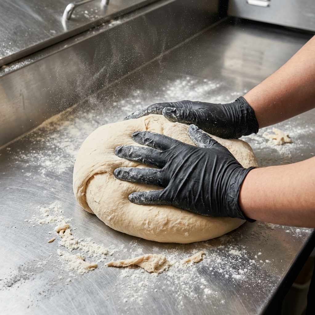 A close-up of a floured work table with a pair black-gloved human hands kneading a pale brown boba dough