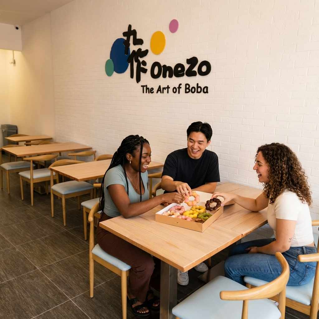 Friends enjoying fresh mochi donuts in our lobby