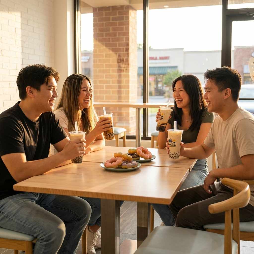 Friends enjoying fresh drinks and snacks in our dining area