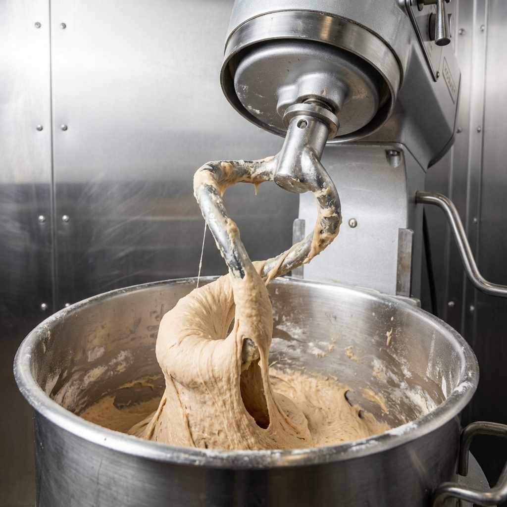 A close-up of a comercial stand mixer with a dough hook attachment mixing the boba dough