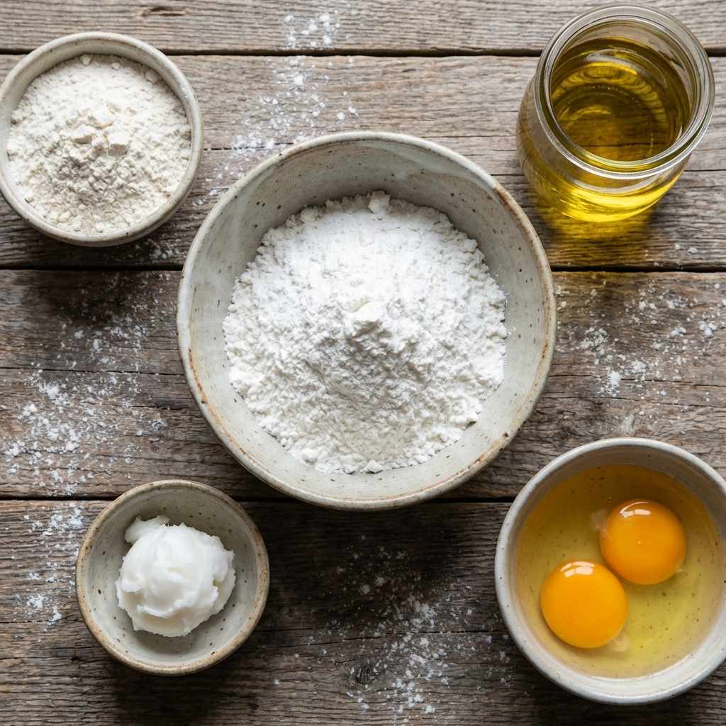 Artisanal mise en place for mochi donuts on a rustic wooden surface, featuring bowls of premium rice flour, wheat flour, and farm-fresh eggs.