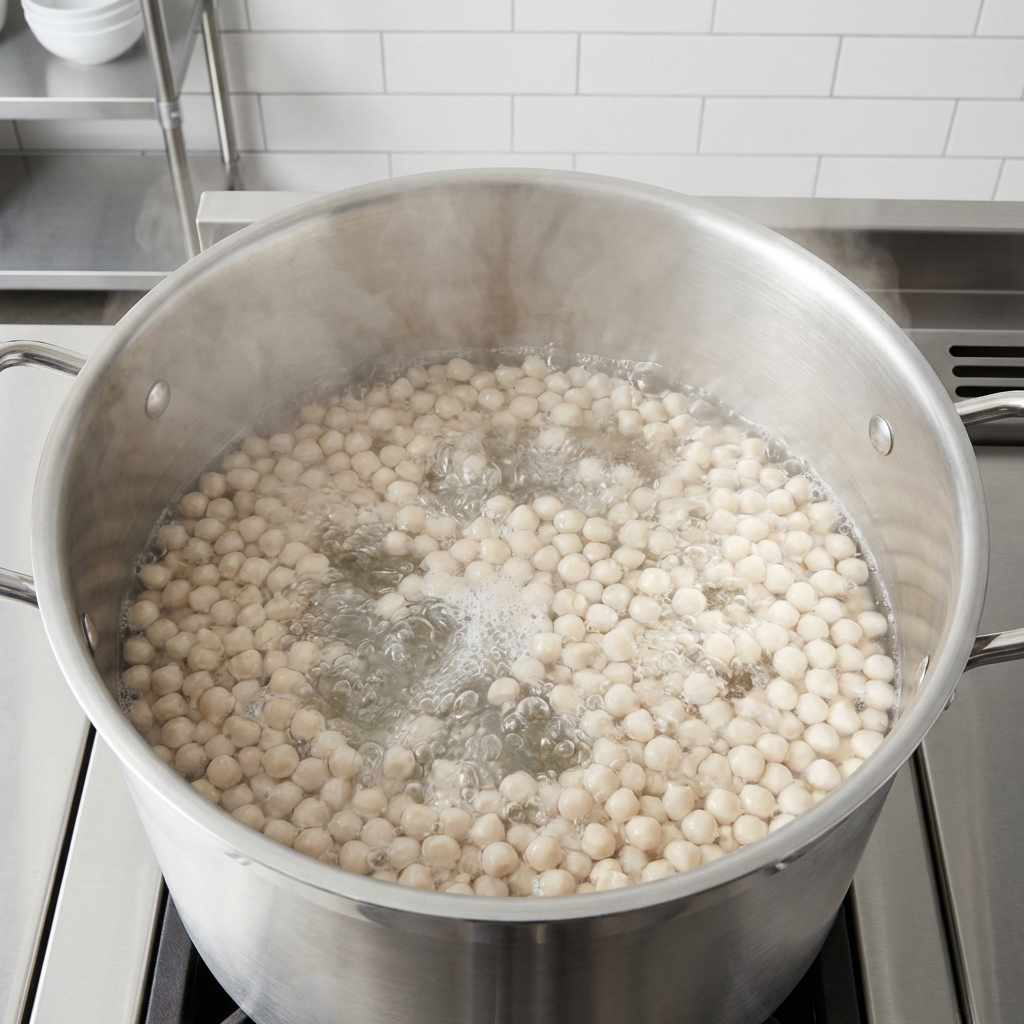 A close-up of a pot of water at a rolling boil, with pale, still raw, fresh-cut boba pearls swirling around inside