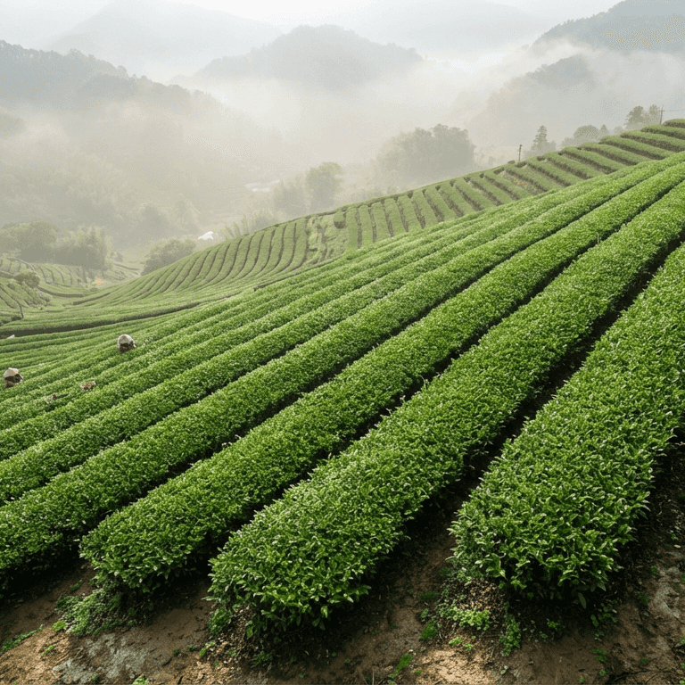 Lush, fresh green tea plants growing in neat rows on a misty mountain tea plantation in Taiwan, emphasizing the vibrant freshness of the leaves.