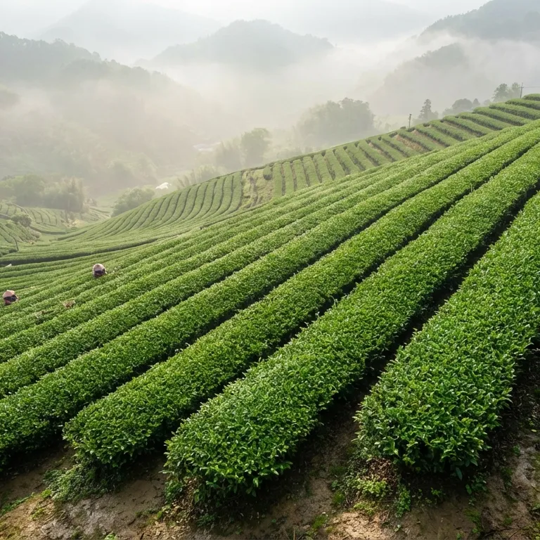 Lush, fresh green tea plants growing in neat rows on a misty mountain tea plantation in Taiwan, emphasizing the vibrant freshness of the leaves.