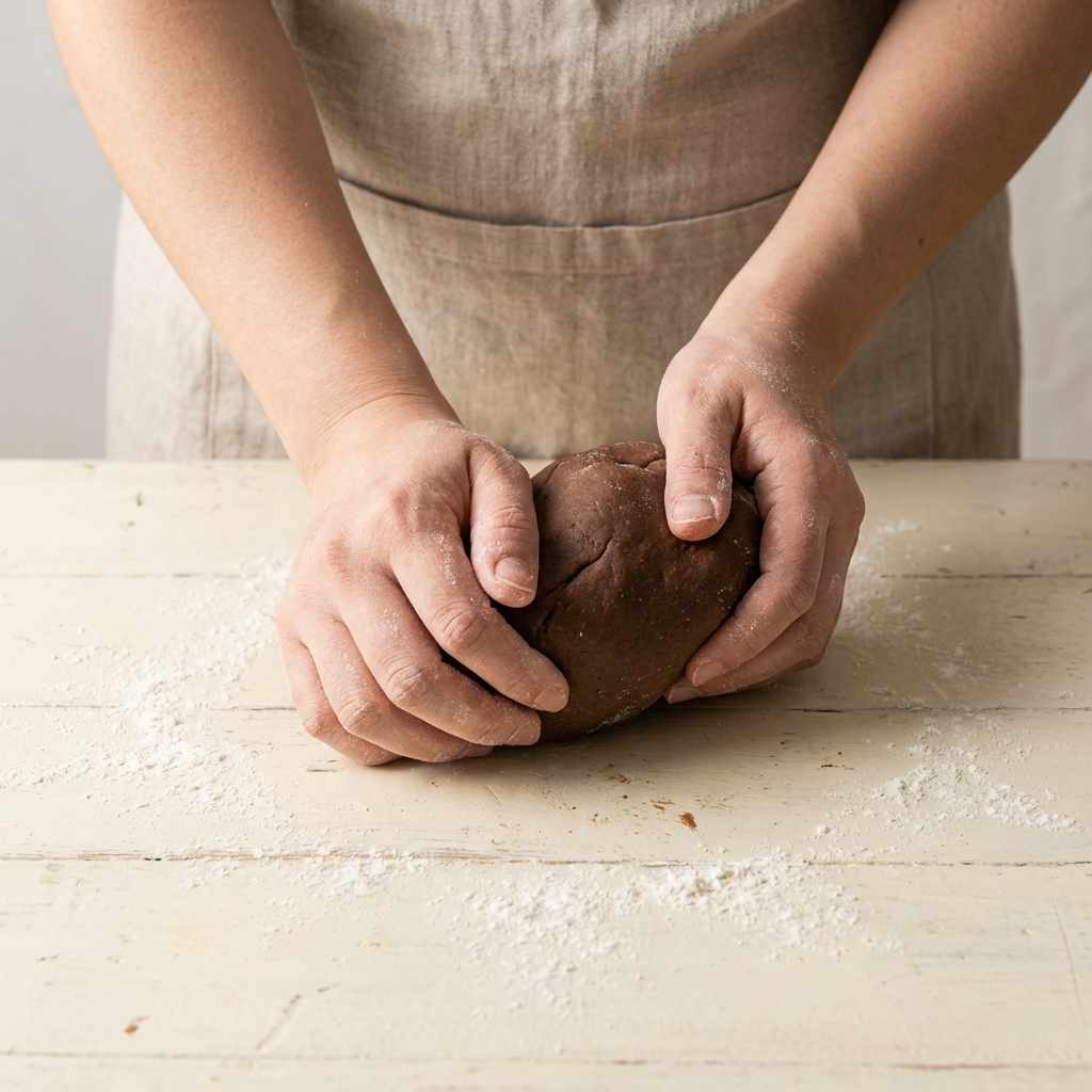 Close-up of human hands artisanal kneading and rolling boba pearls from scratch with flour dusting on a cream wooden surface.