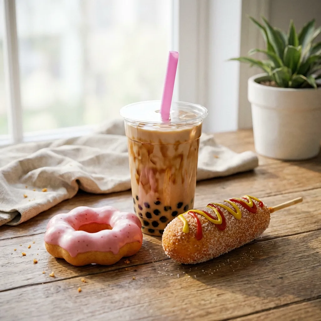 A bright and energetic cafe spread featuring a clear plastic boba cup with a pink straw, a chewy mochi donut, and a crunchy Korean corn dog.